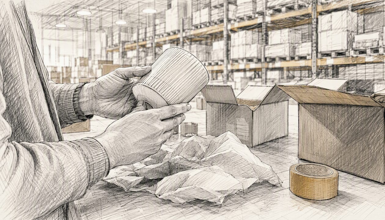Hands inspecting returned products in warehouse