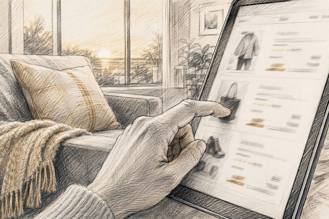 Close-up of hand scrolling ecommerce product listing on phone