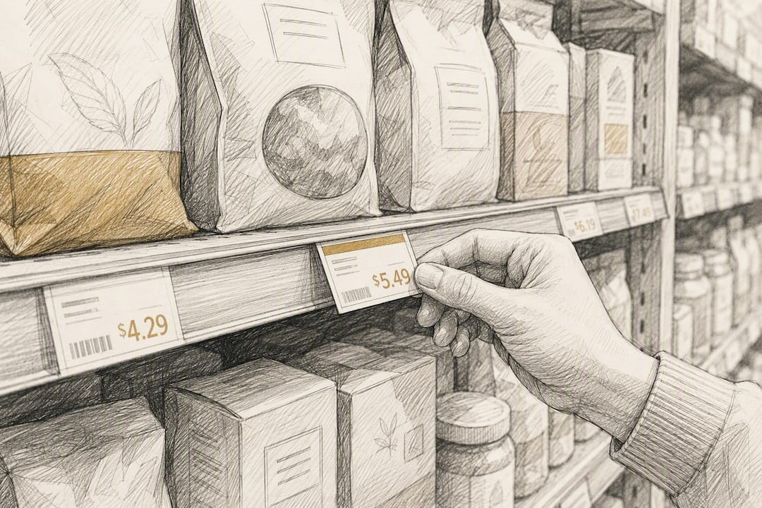Retail shelf with price tags and hand adjusting one tag
