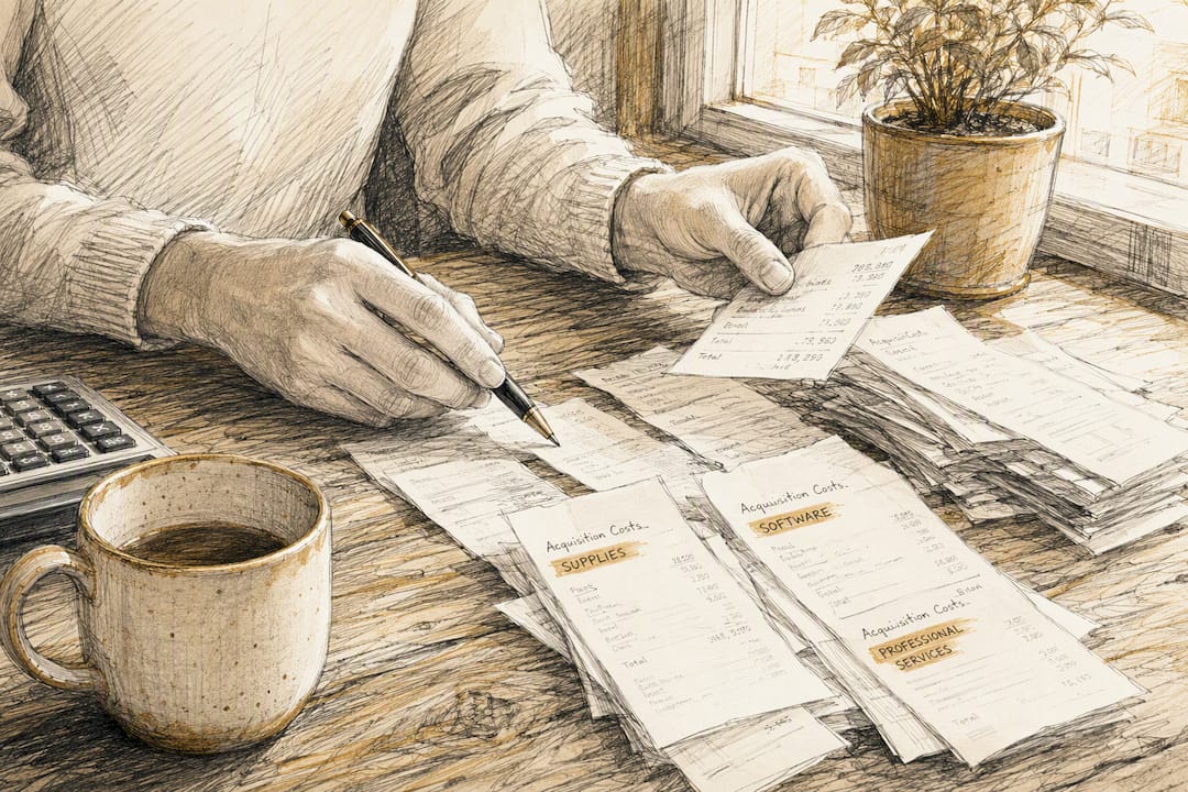 Hands sorting receipts to calculate acquisition costs