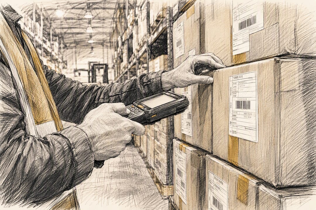 Worker scanning boxes in warehouse