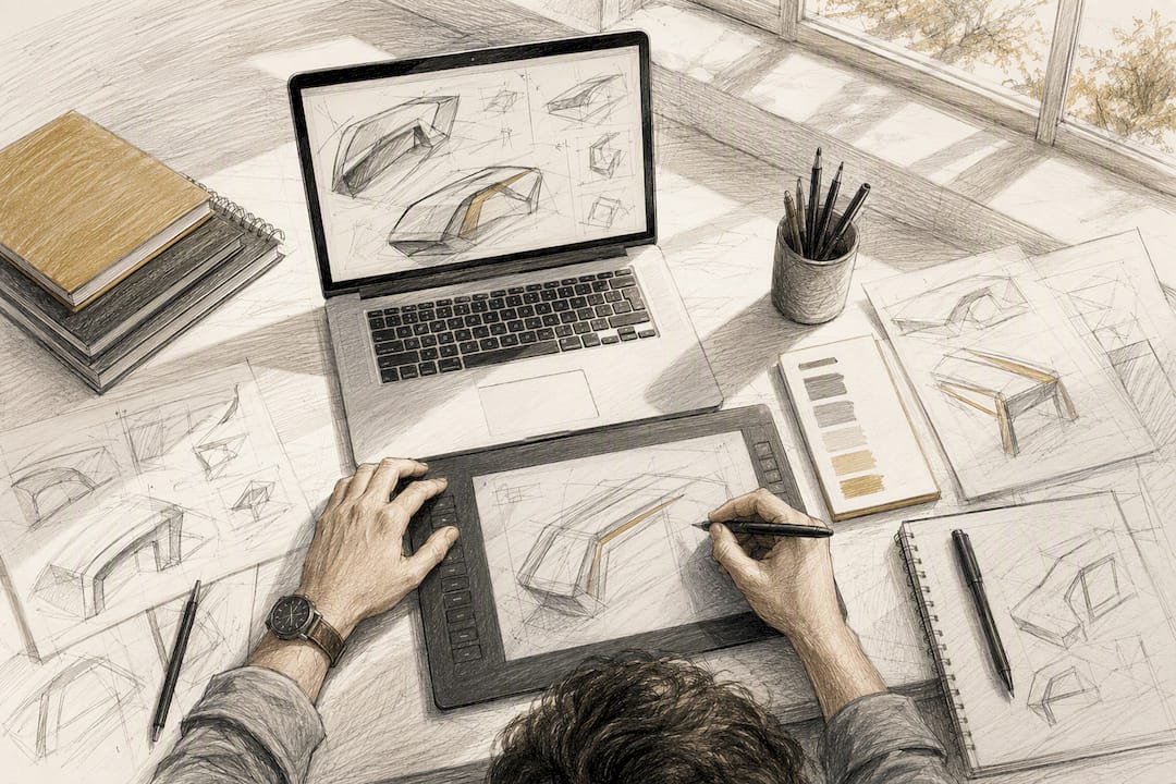 Hands adjusting product design on tablet