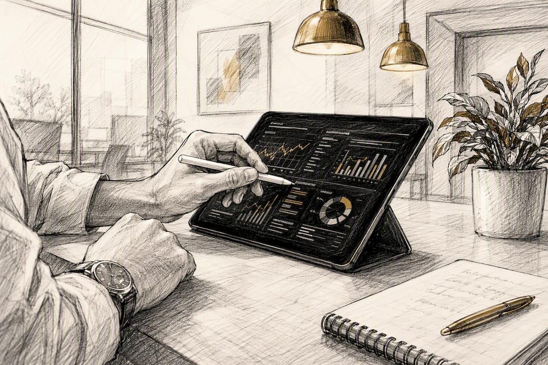 Hands pointing at tablet edge with financial data
