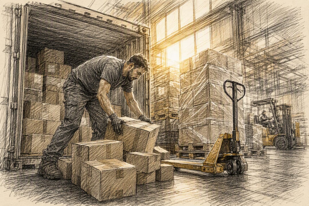 Warehouse worker sorting and palletizing boxes