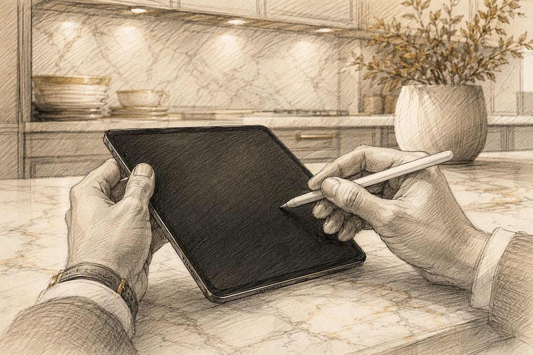 Hands operating tablet for AI-driven document redaction