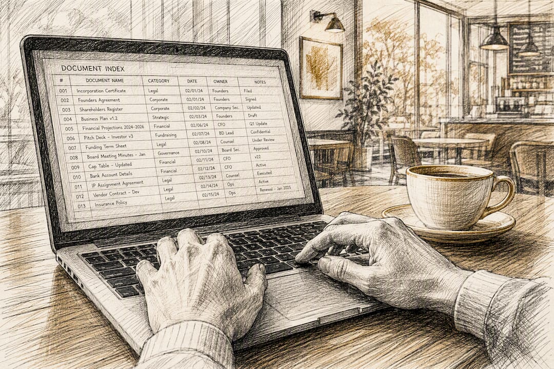 Hands typing digital document index spreadsheet