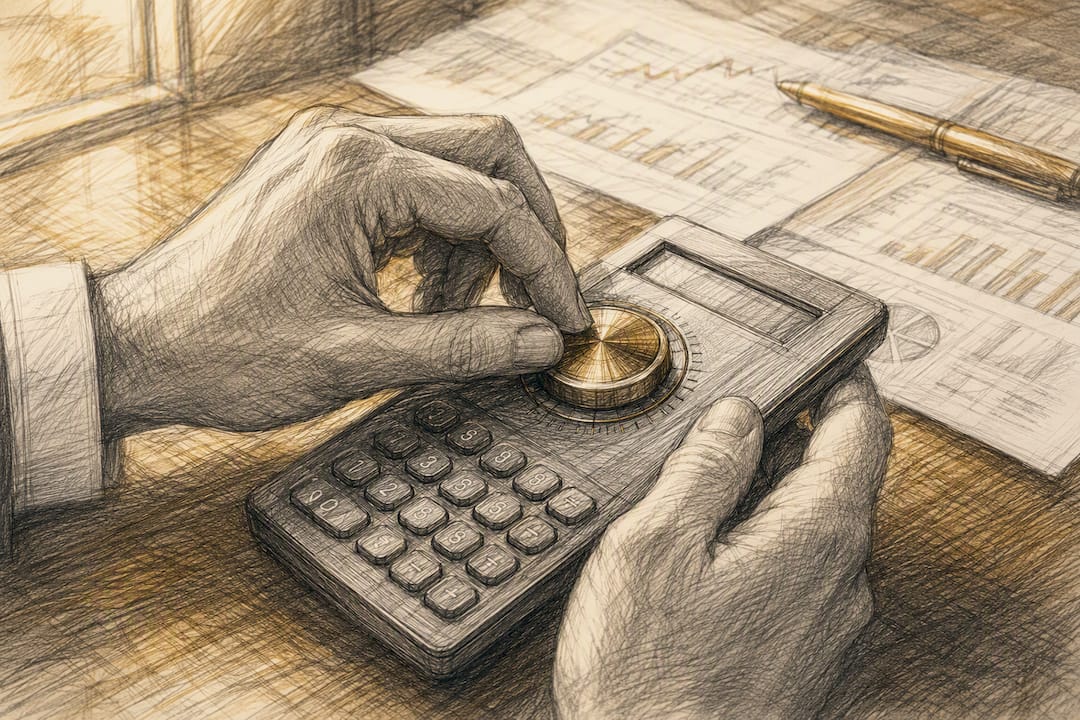 Hands adjusting financial calculator