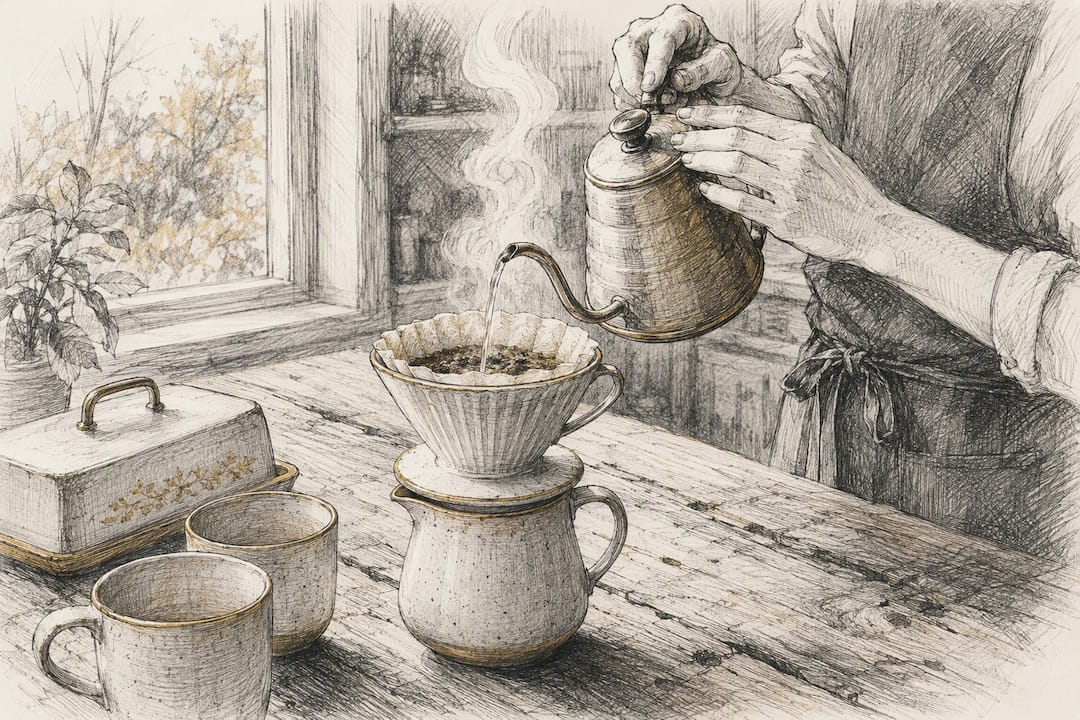 Hands pouring coffee over grounds in dripper