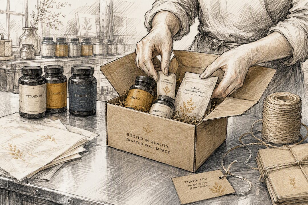 Hands assembling supplement bundle package