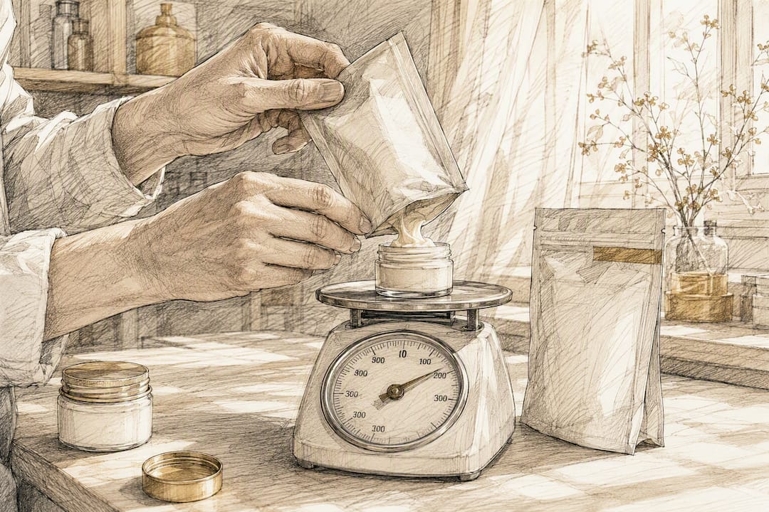 Hands weighing skincare product package