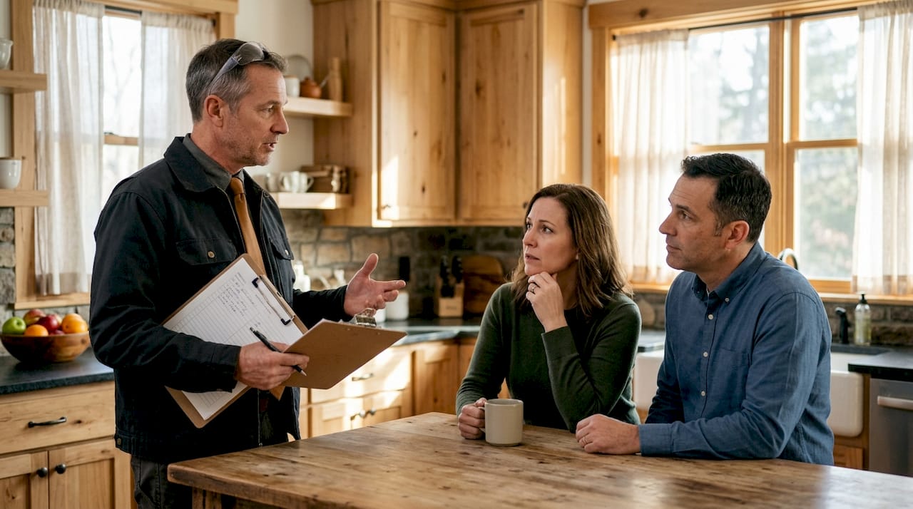 Home inspector explaining report to couple indoors