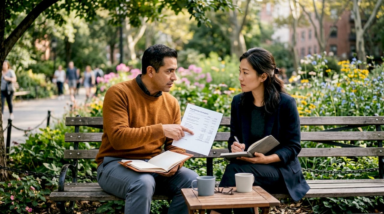 Investors discussing property financing options in café