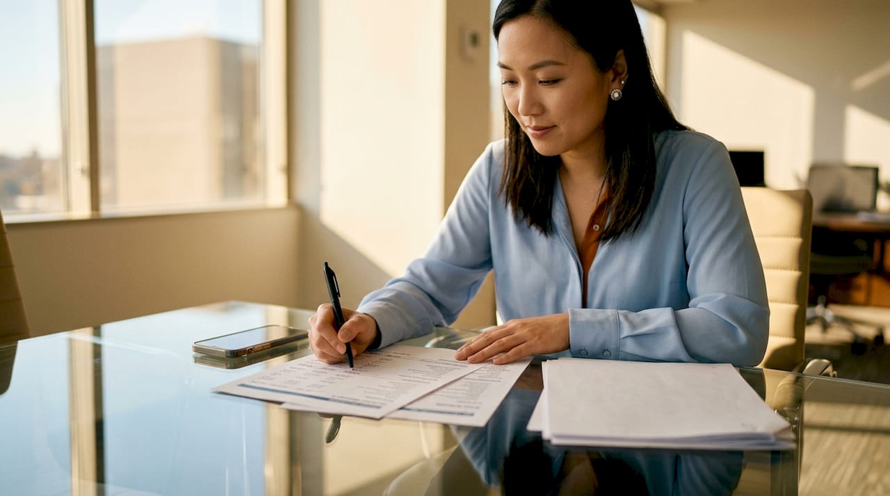Hands pointing to income statements on table