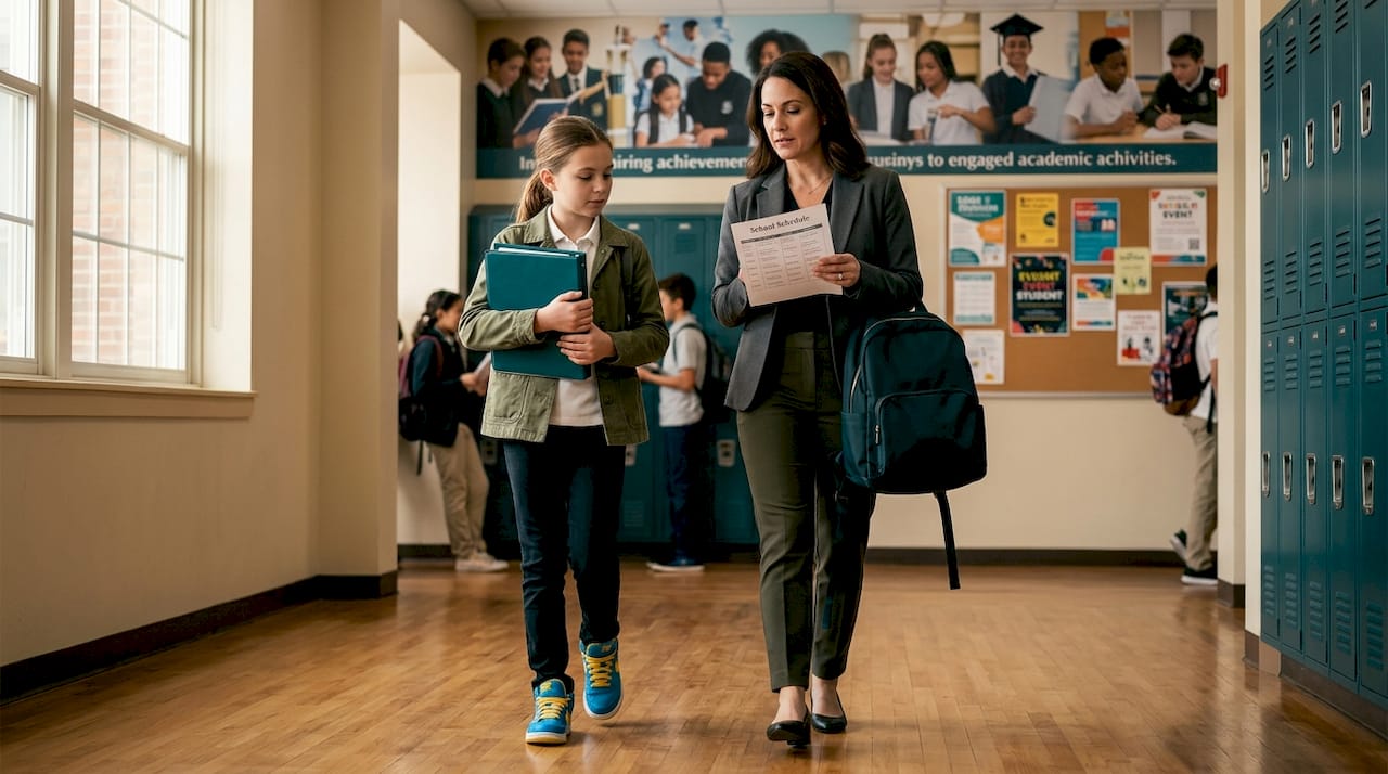 Student and parent reading papers in hallway