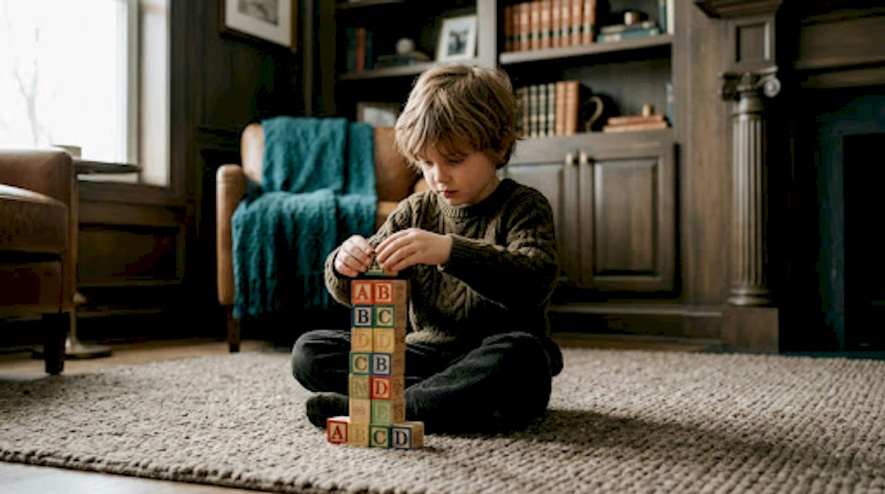 Child playing with alphabet blocks on living room rug