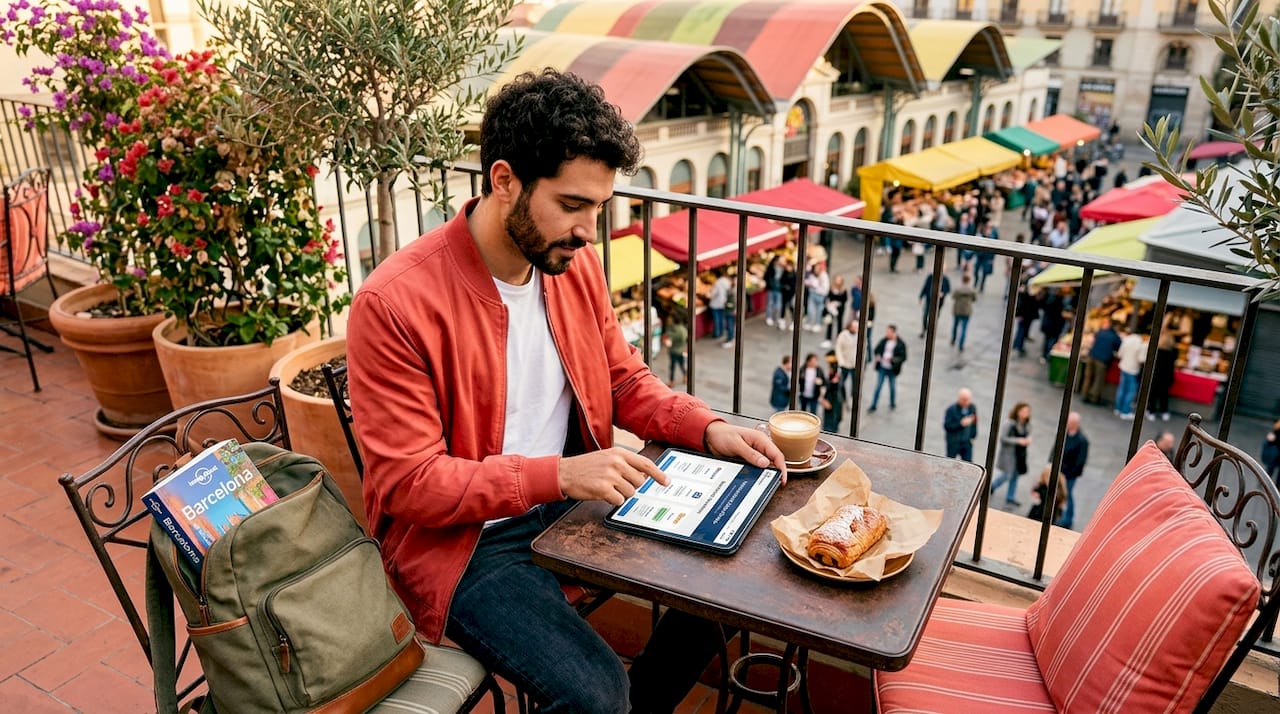 Man compares Europe eSIM plans in city park