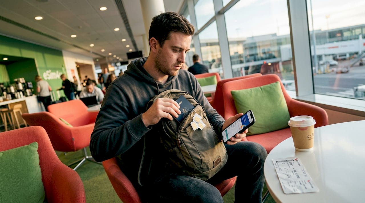 Man unpacking bag, old SIM cards in airport lounge