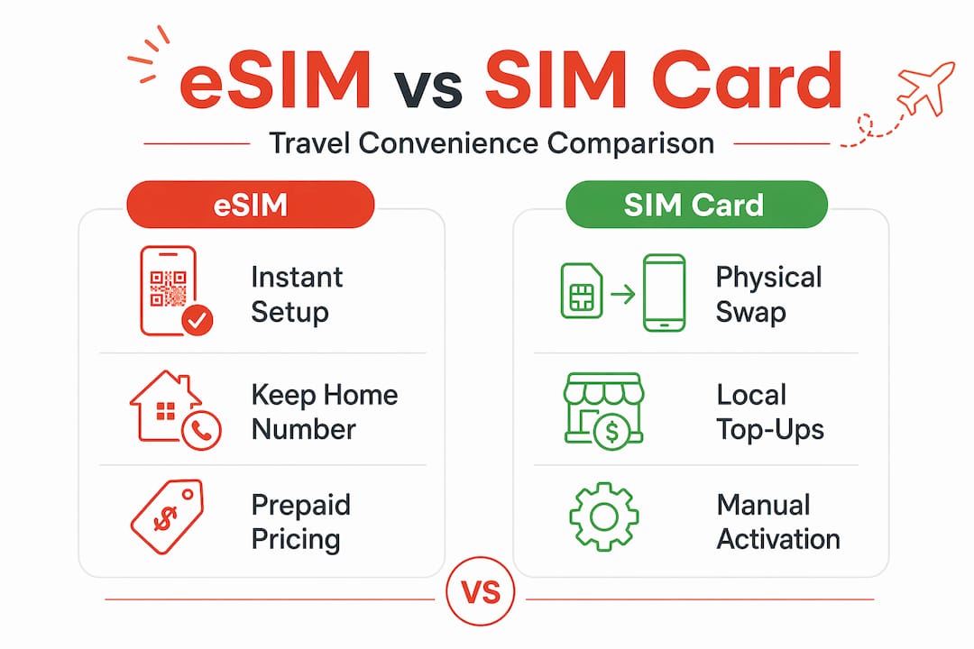 Infographic compares eSIM and SIM card travel benefits