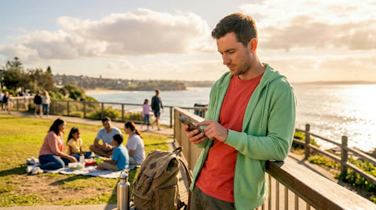 Man switching eSIM plans on park bench