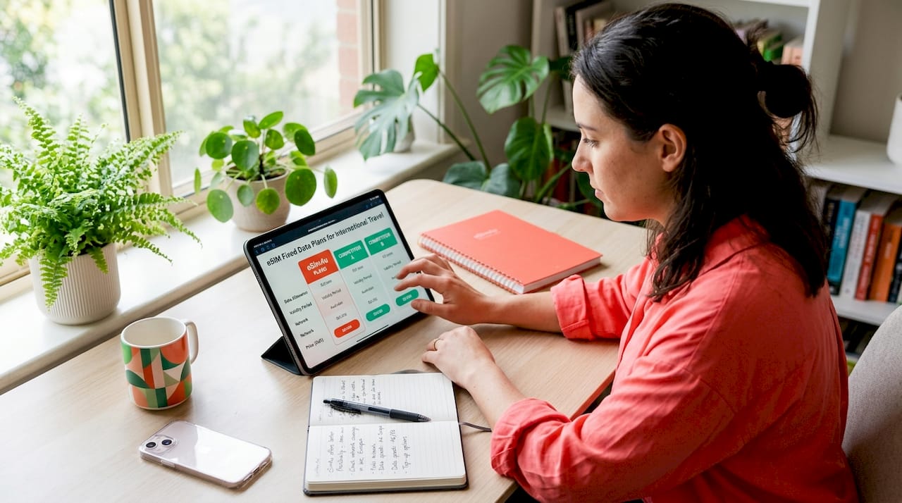 Woman reviewing fixed-data eSIM plans at home