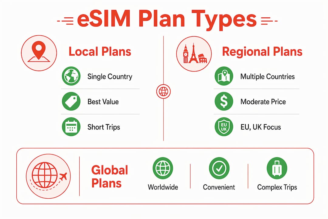 Infographic comparing eSIM plan types: local, regional, global