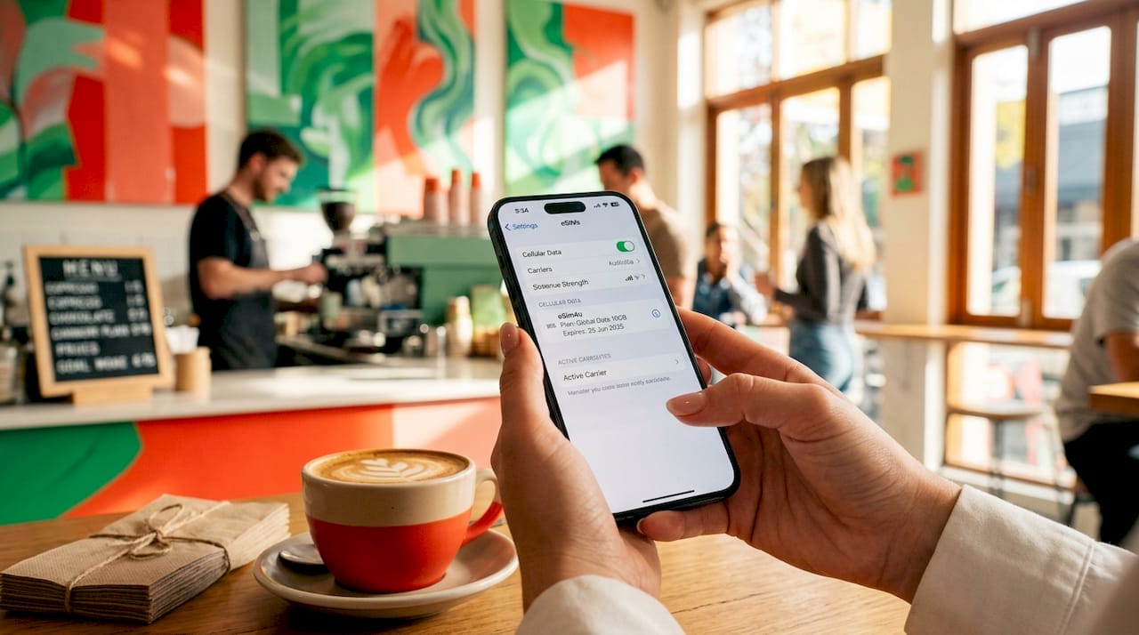 Hands checking eSIM compatibility on smartphone