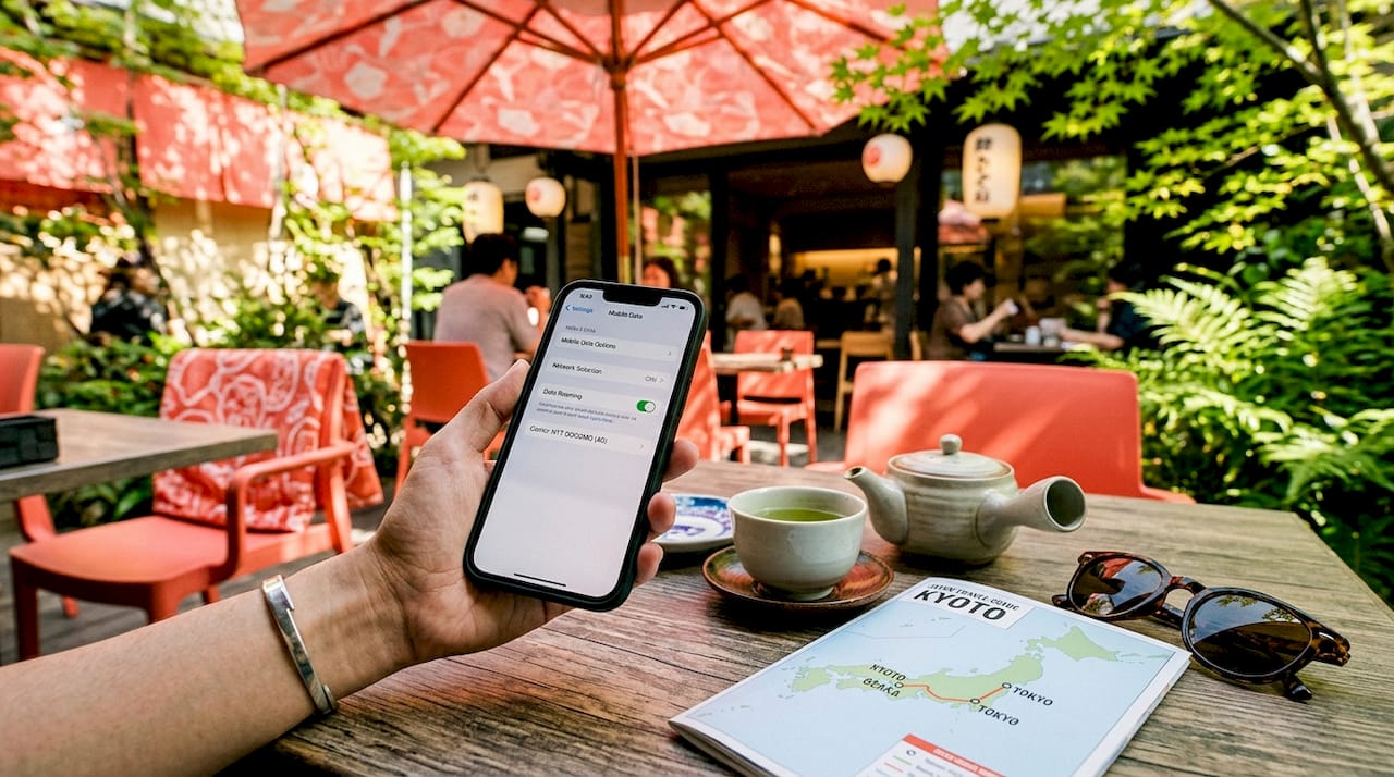 Hand holding smartphone showing mobile network settings in café