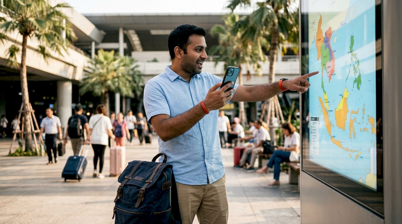 Traveler selecting eSIM plan at airport kiosk