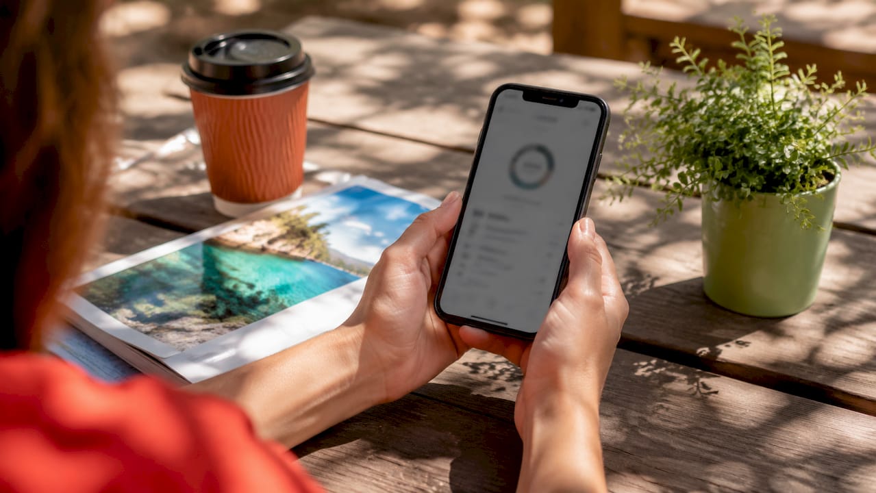 Hands monitoring prepaid eSIM data usage on phone