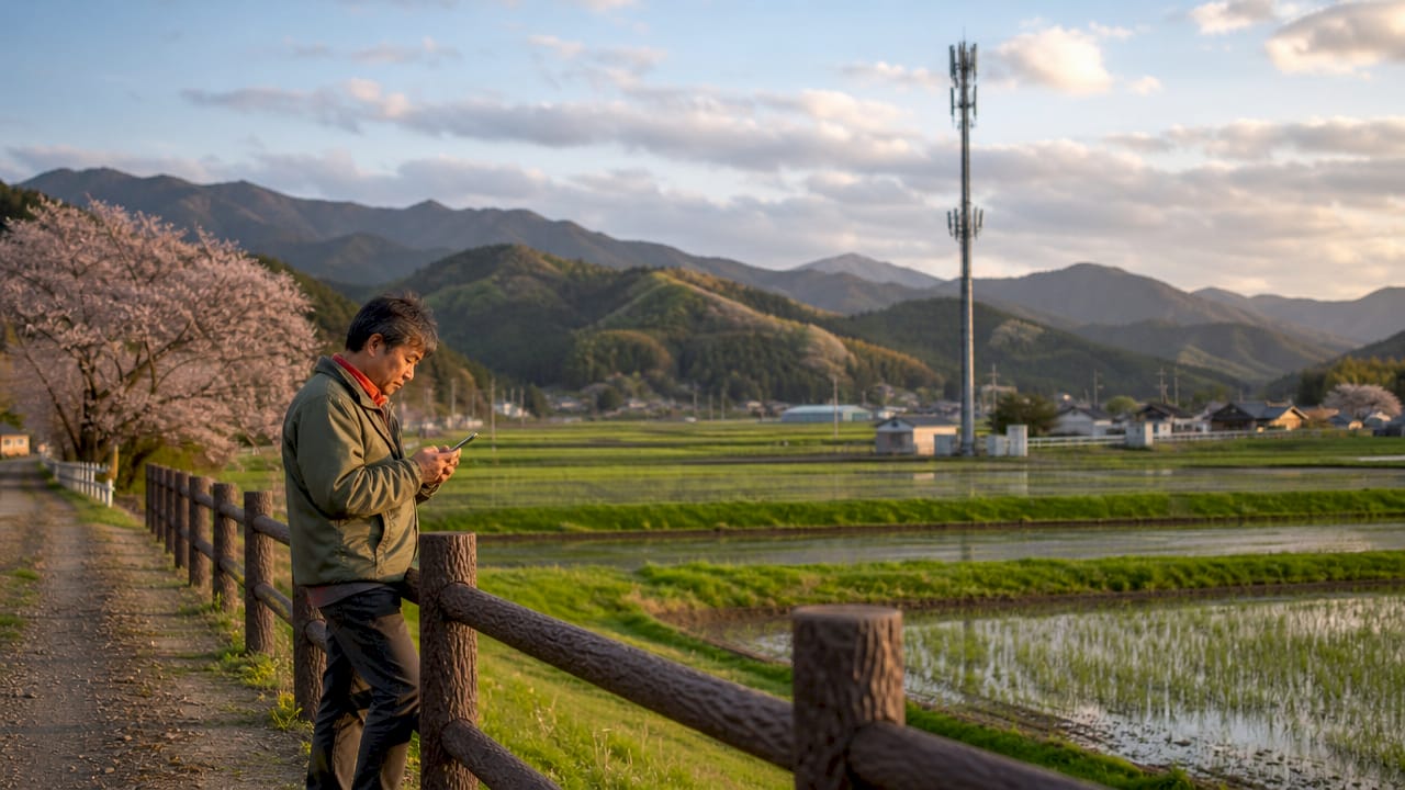 Man using phone with NTT Docomo coverage in rural Japan