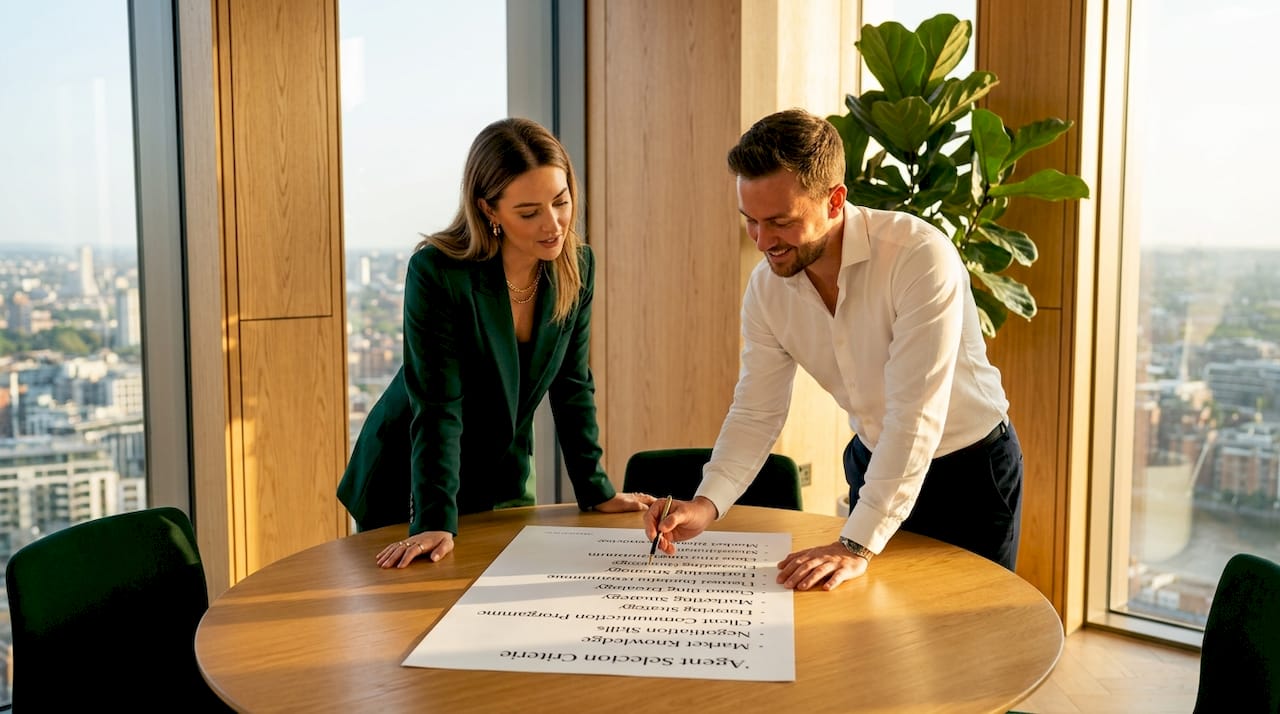 Agents reviewing network criteria in office meeting
