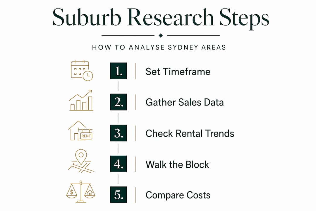 Infographic outlining Sydney suburb research process