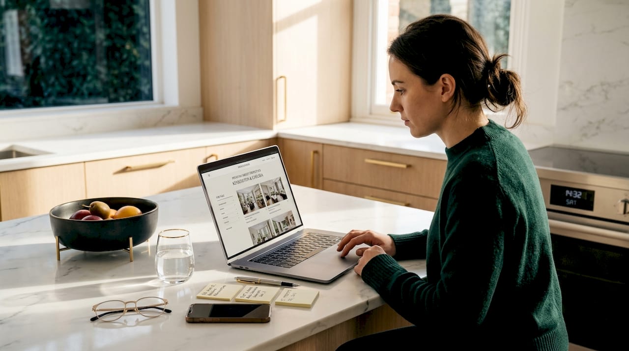Woman using digital property search at home
