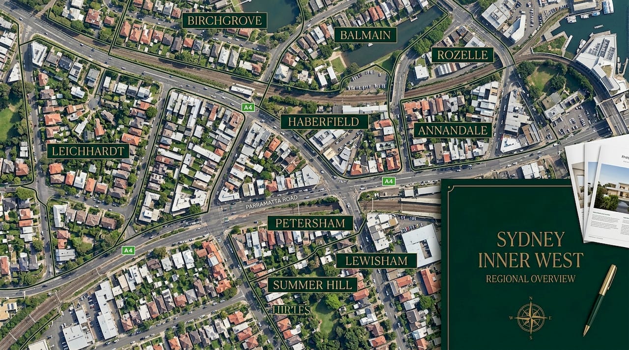 Aerial map of Sydney Inner West suburbs at sunset