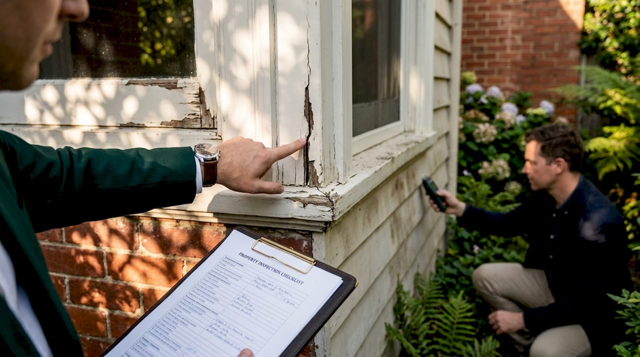 Buyer’s agent examining property defects closely
