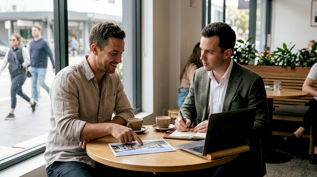 Two buyers agents discussing residential and commercial properties