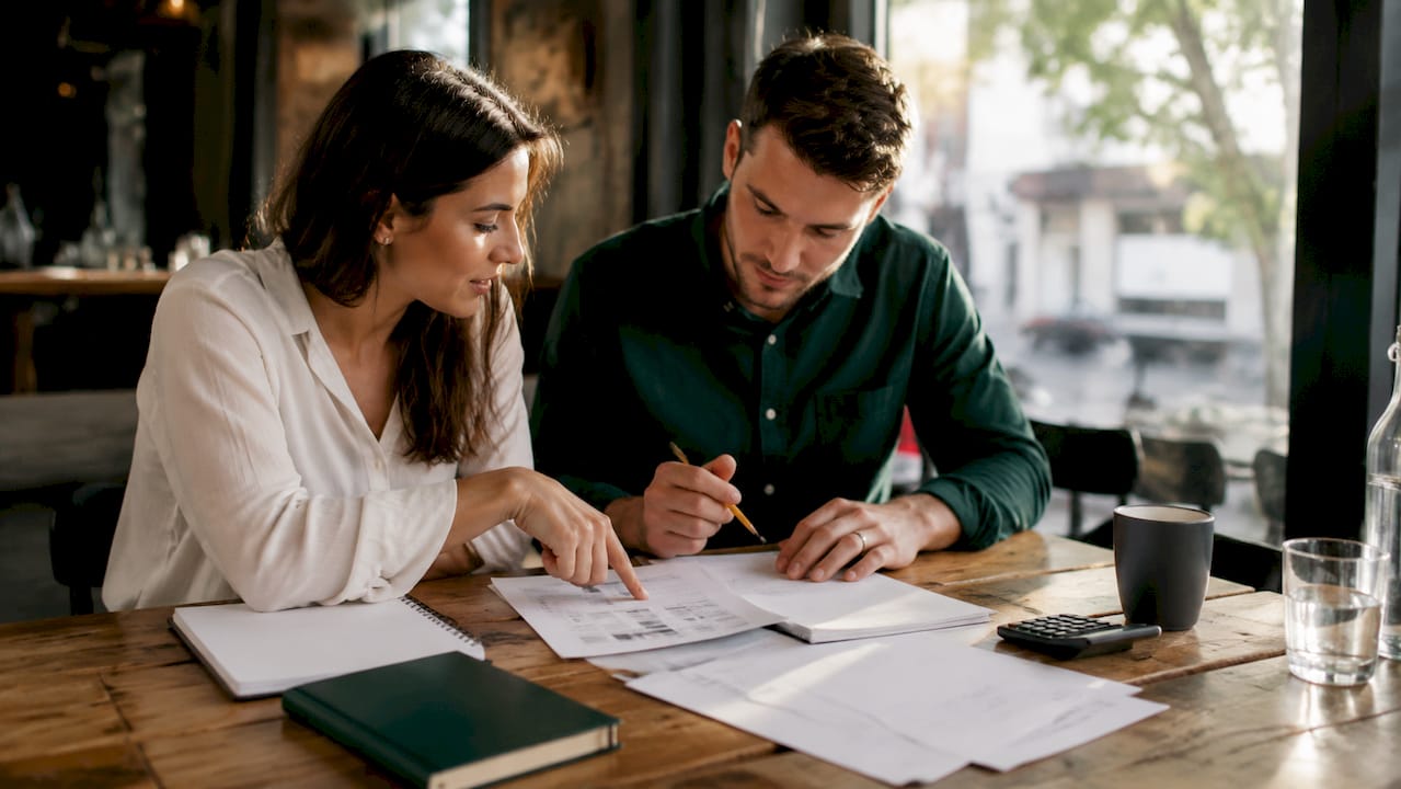 Couple reviewing mortgage documents at café table