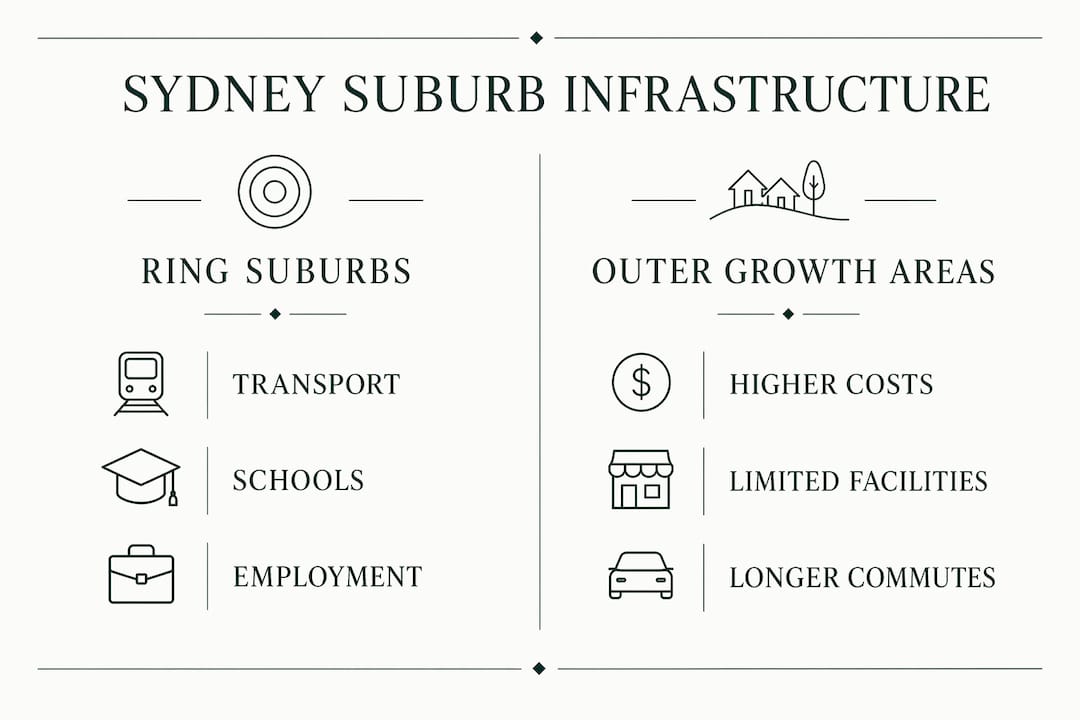 Infographic comparing ring suburbs and outer growth infrastructure