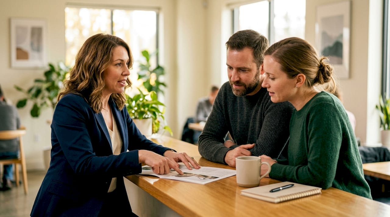 Agent advising couple on off-market property benefits