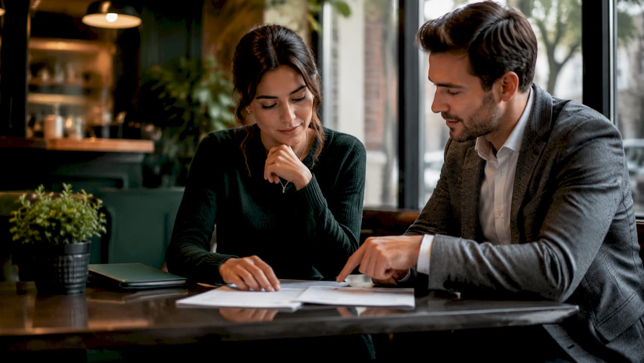 Buyer consulting with agent over documents