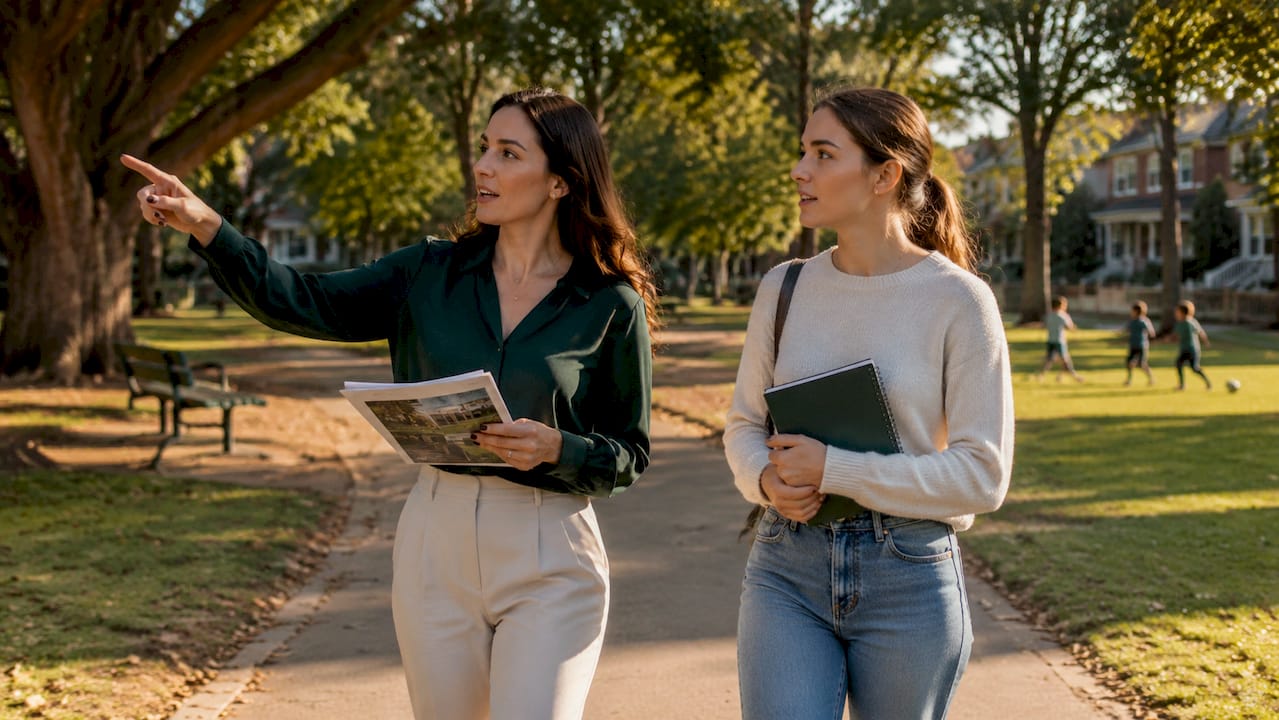 Buyers agent and first home buyer exploring Sydney suburb