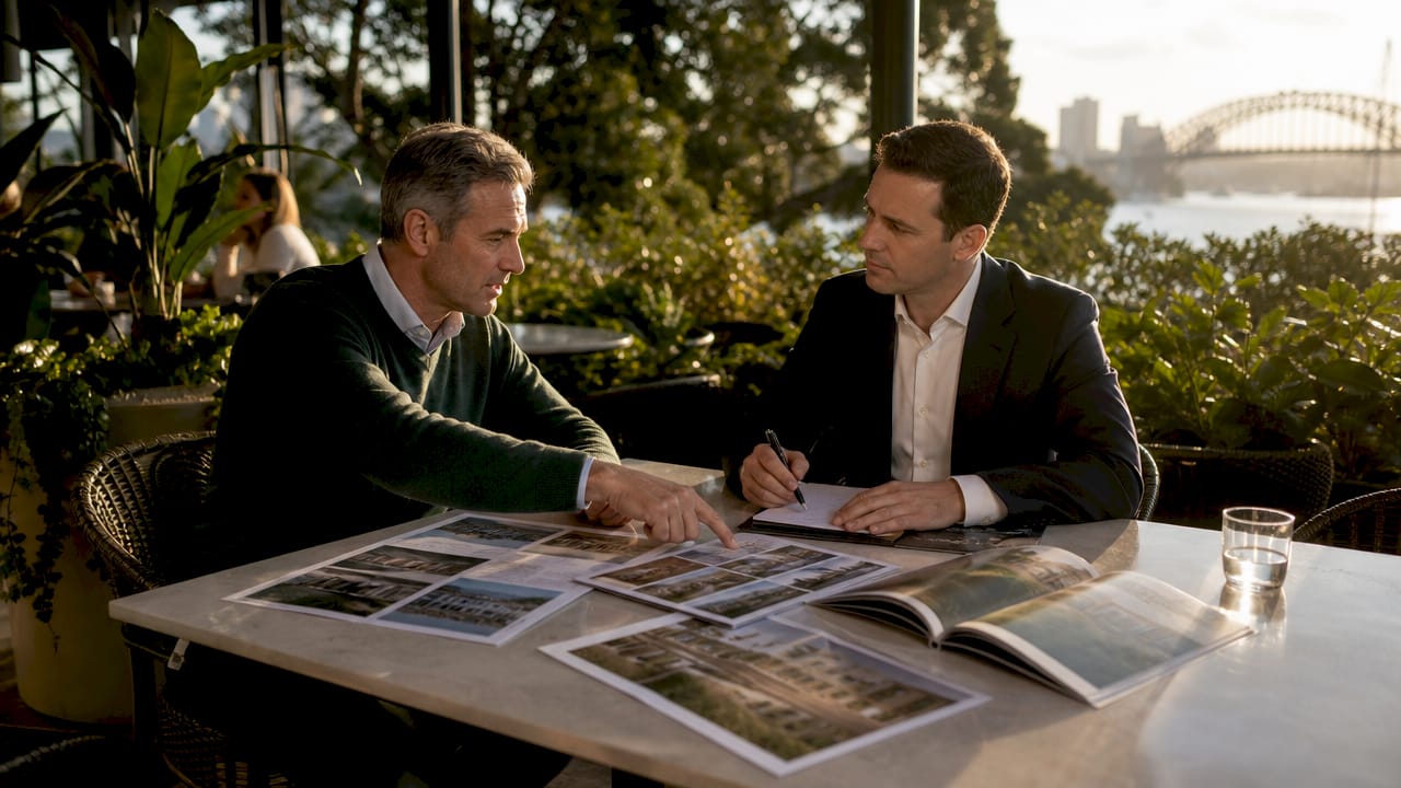 Man negotiating property purchase at Sydney café