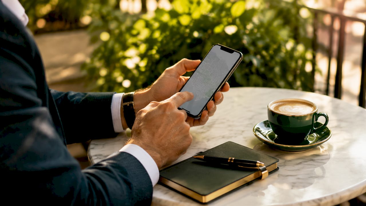 Hands holding smartphone with Eastern Suburbs map at café