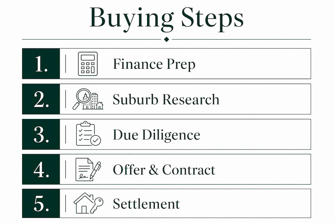 Vertical flow infographic of property buying steps