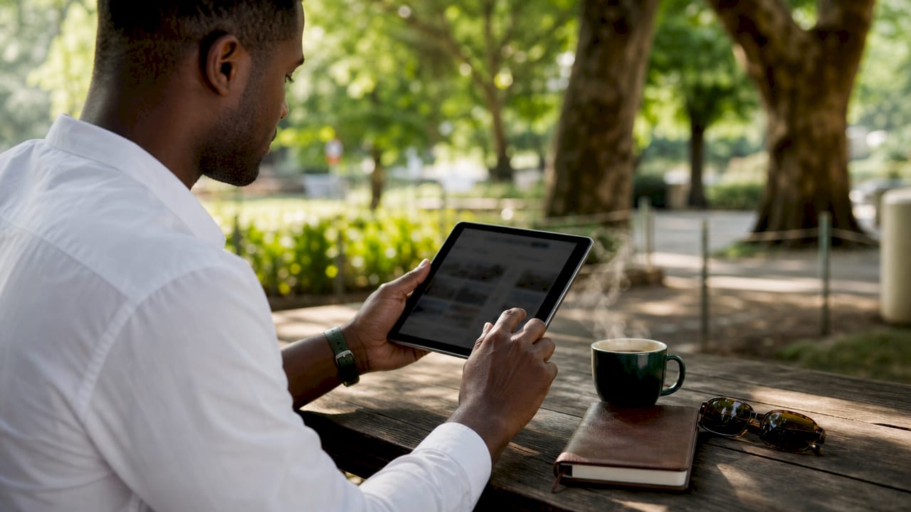 Hands adjusting property filters on tablet outdoors