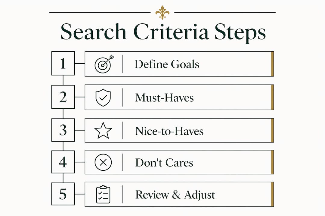 Infographic illustrating property search criteria steps