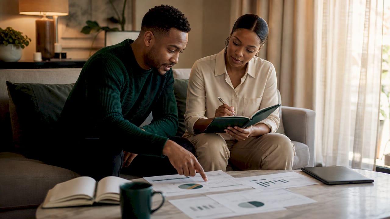 Couple reviewing suburb report at home office