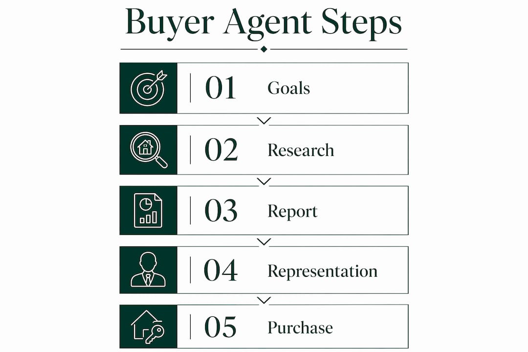 Infographic showing 5 key steps of suburb report buyer's agent