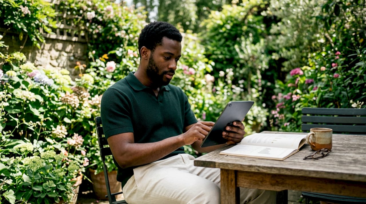 Man reviewing property listings on tablet indoors