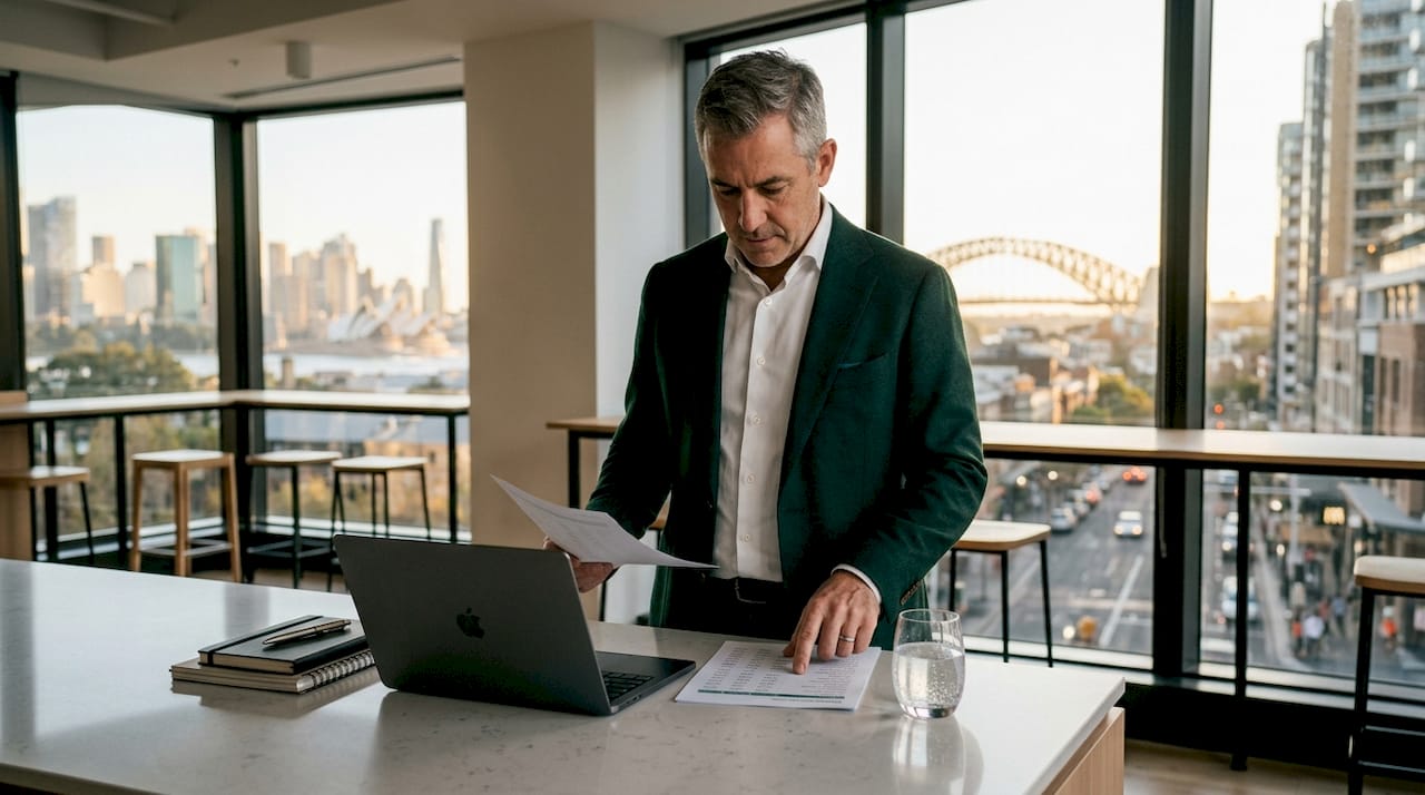 Buyers agent analyzing Sydney property sales data in office